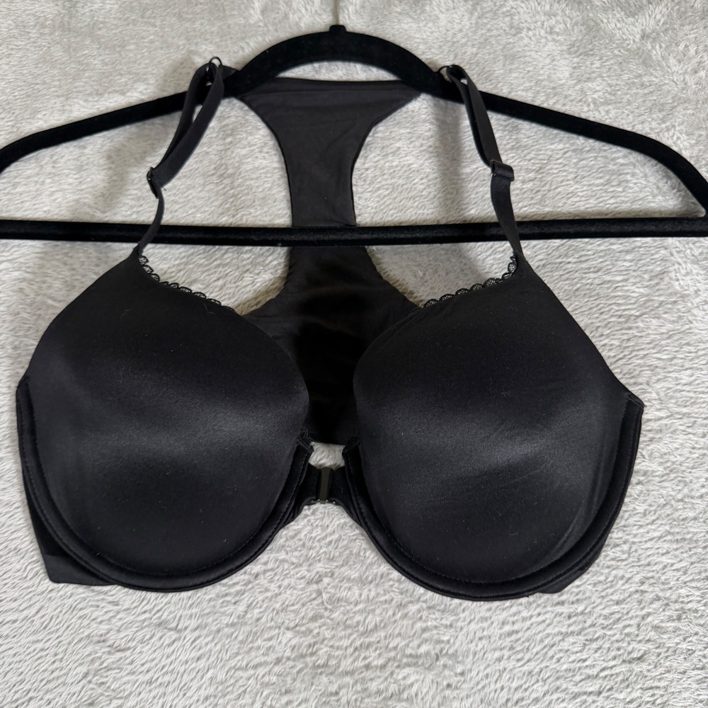 VICTORIAS SECRET 34D Black Lined Demi Double Push Up Bra Racerback Front Close